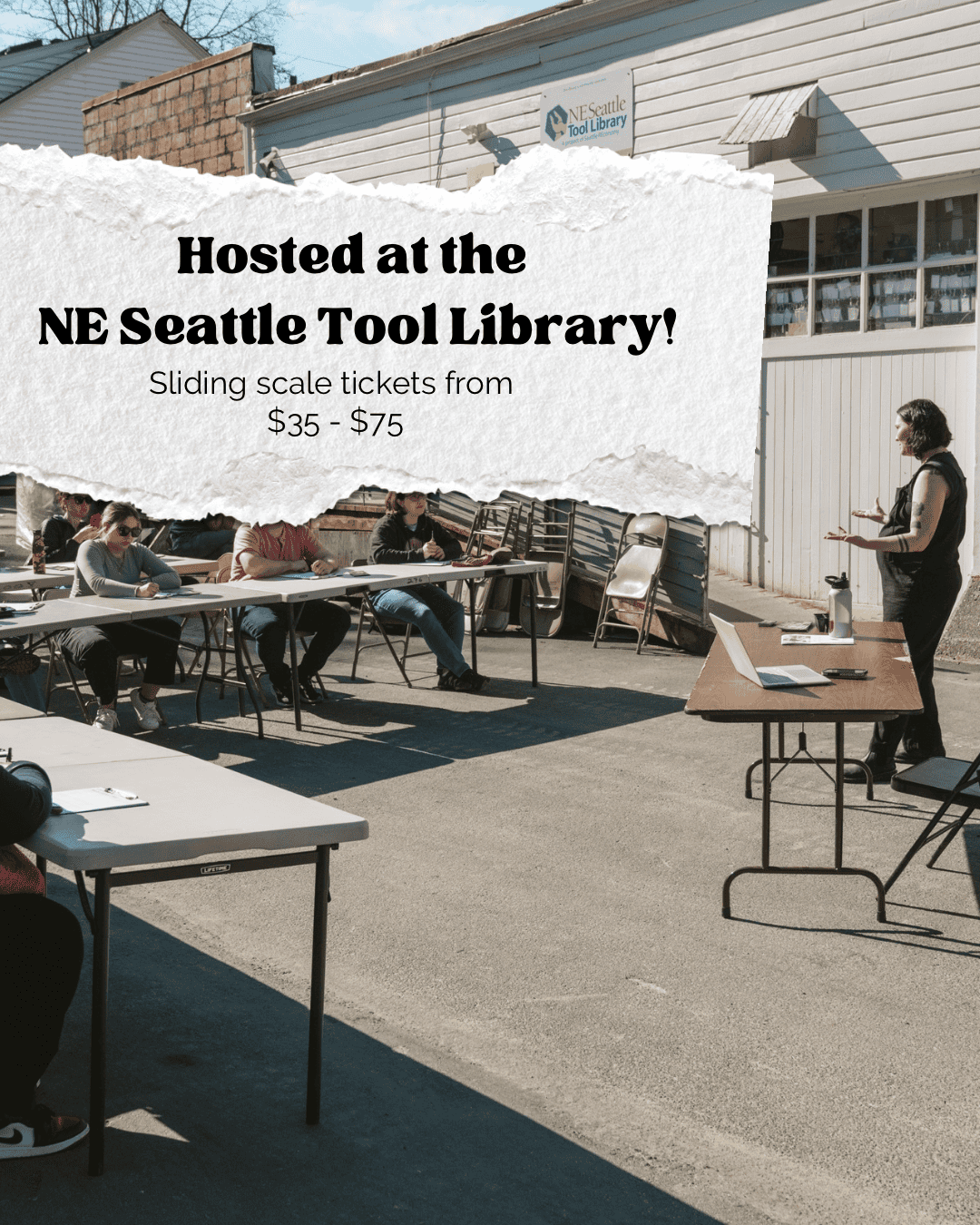 Workshop tables set up outdoors at the NE Seattle Tool Library