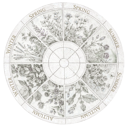 Circular garden planning chart with botanical illustrations