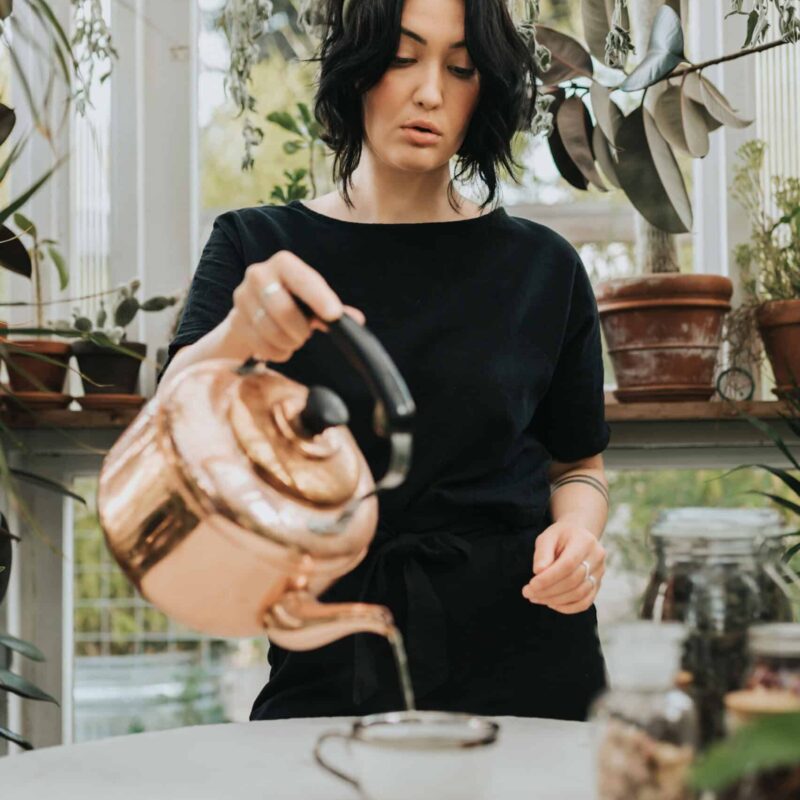 Cassidy Moss preparing medicinal herbs, demonstrating how to steep loose leaf herbal tea for clinical herbalism use