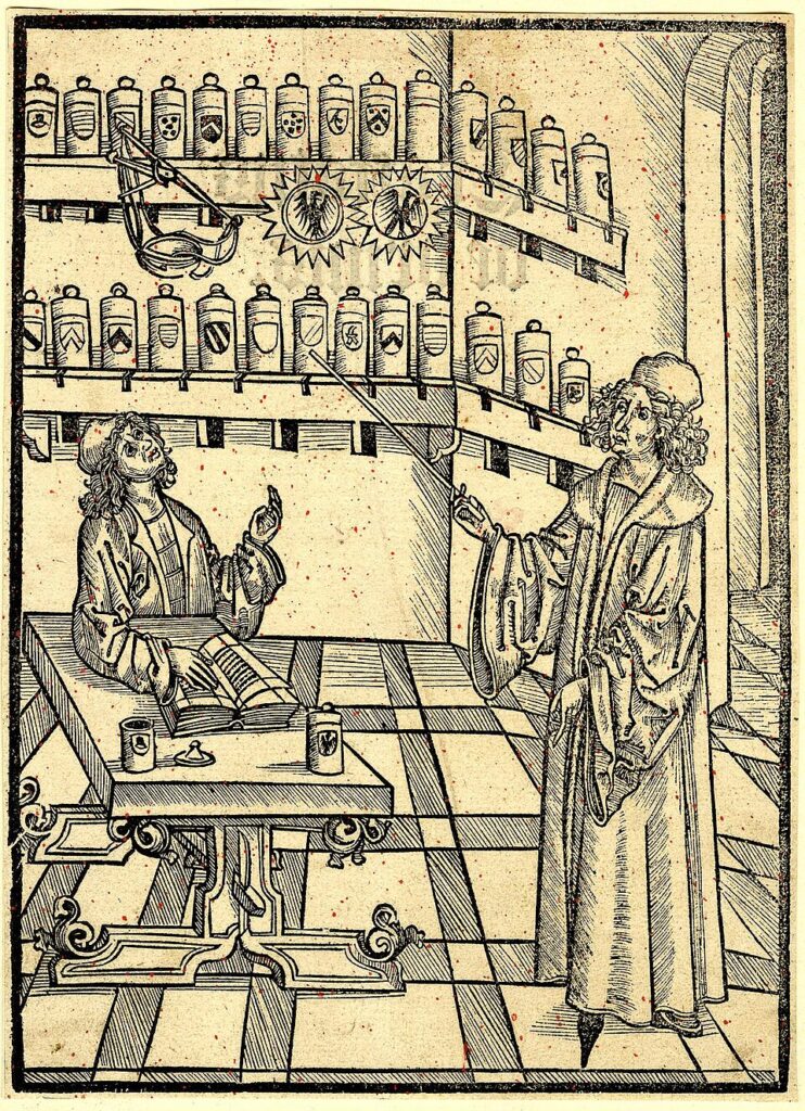 Historical book illustration depicting an early European apothecary, tracing the history of botanical medicine and pharmacy
