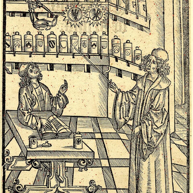 Historical book illustration depicting an early European apothecary, tracing the history of botanical medicine and pharmacy