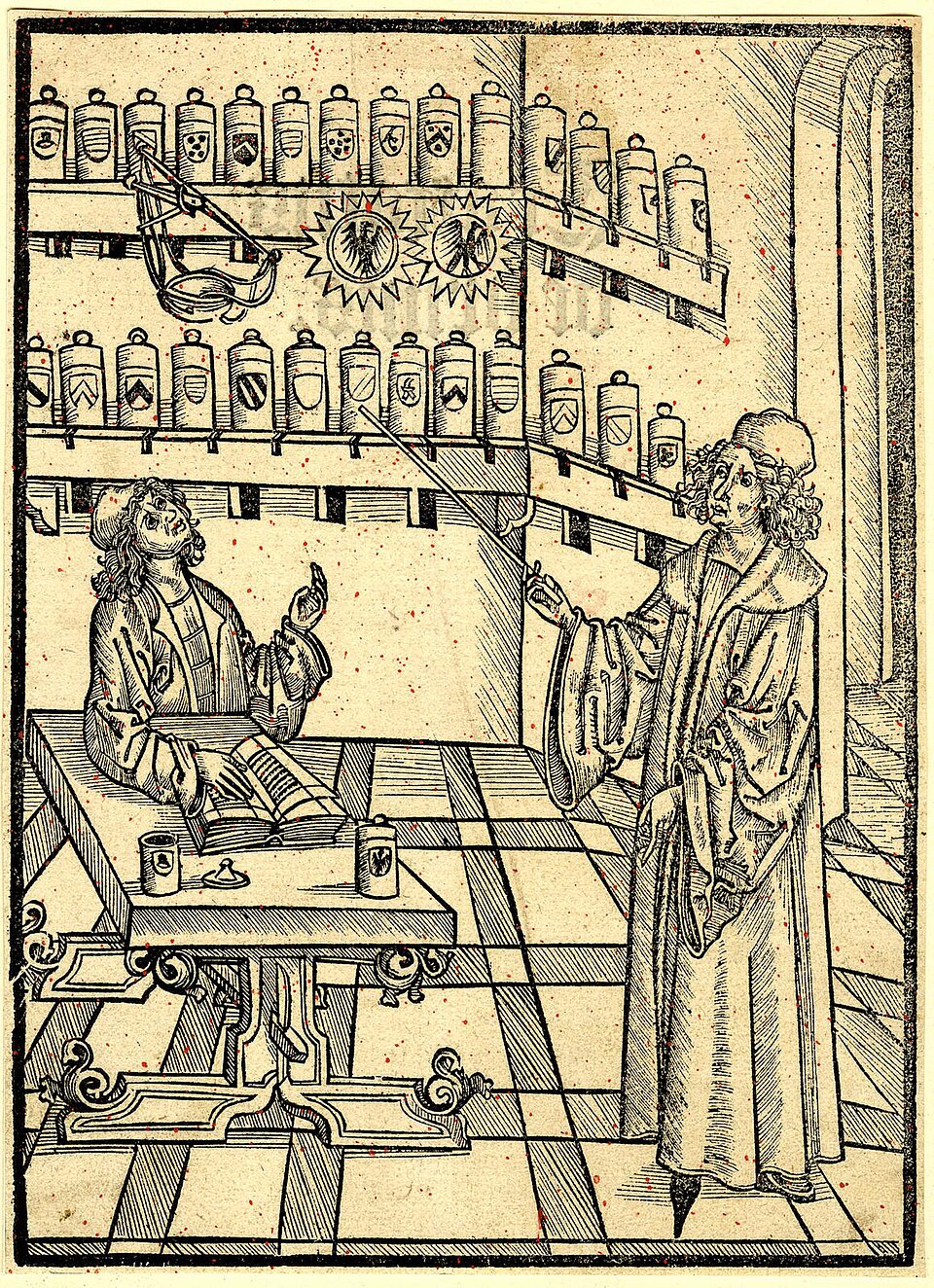Historical book illustration depicting an early European apothecary, tracing the history of botanical medicine and pharmacy