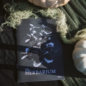 The Herbarium Vol. 2 in dappled light among white pumpkins on a dark green cloth
